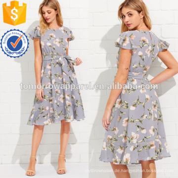 Flattern Ärmel Rüschensaum Calico Print Kleid Herstellung Großhandel Mode Frauen Bekleidung (TA3162D)